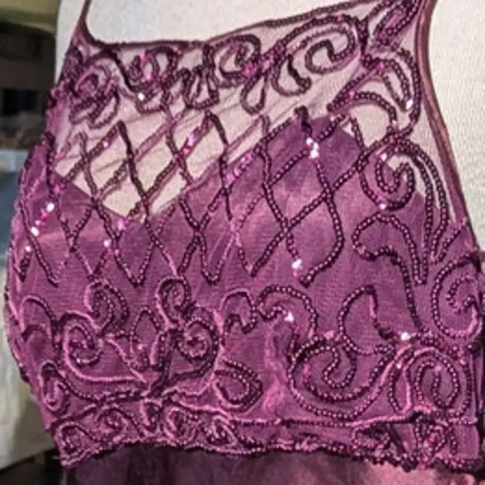 Vtg 1990s Steppin' Out Plum Purple Satin Sequin Embellished Mesh Maxi Gown 13 14 - Picture 3 of 6